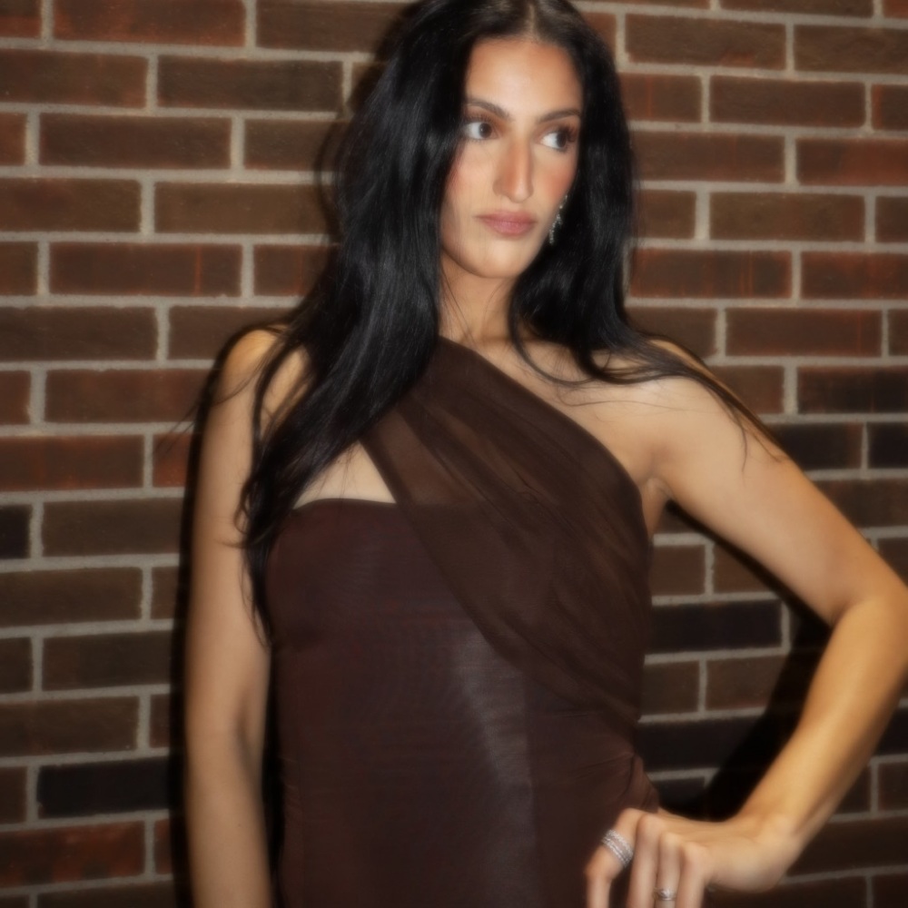 MESHKI Mattea Slinky and Mesh Mini Dress with Scarf - Dark Chocolate